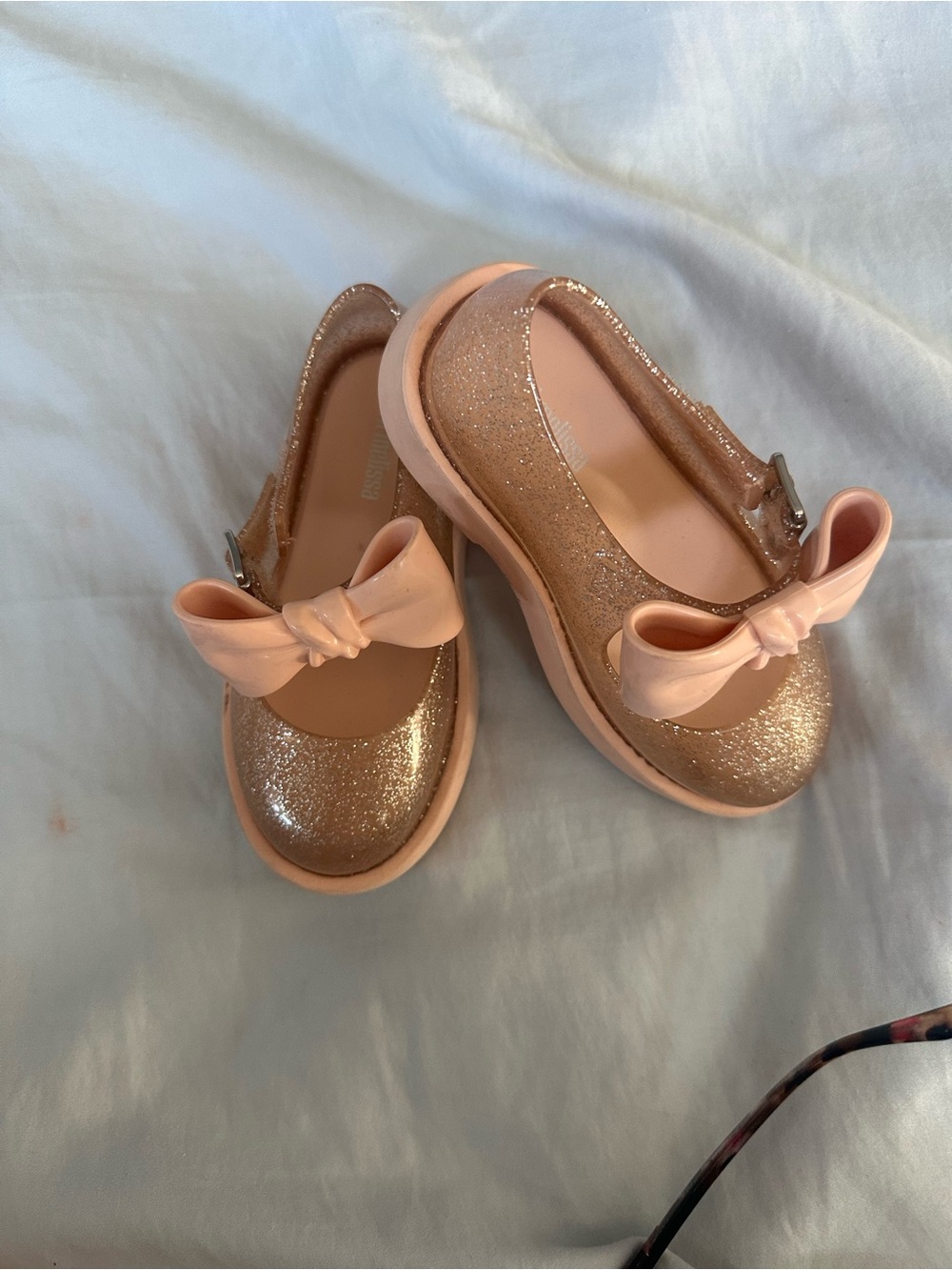 Mini Melissa Glitter Bow Mary Jane Flats in Rose Gold